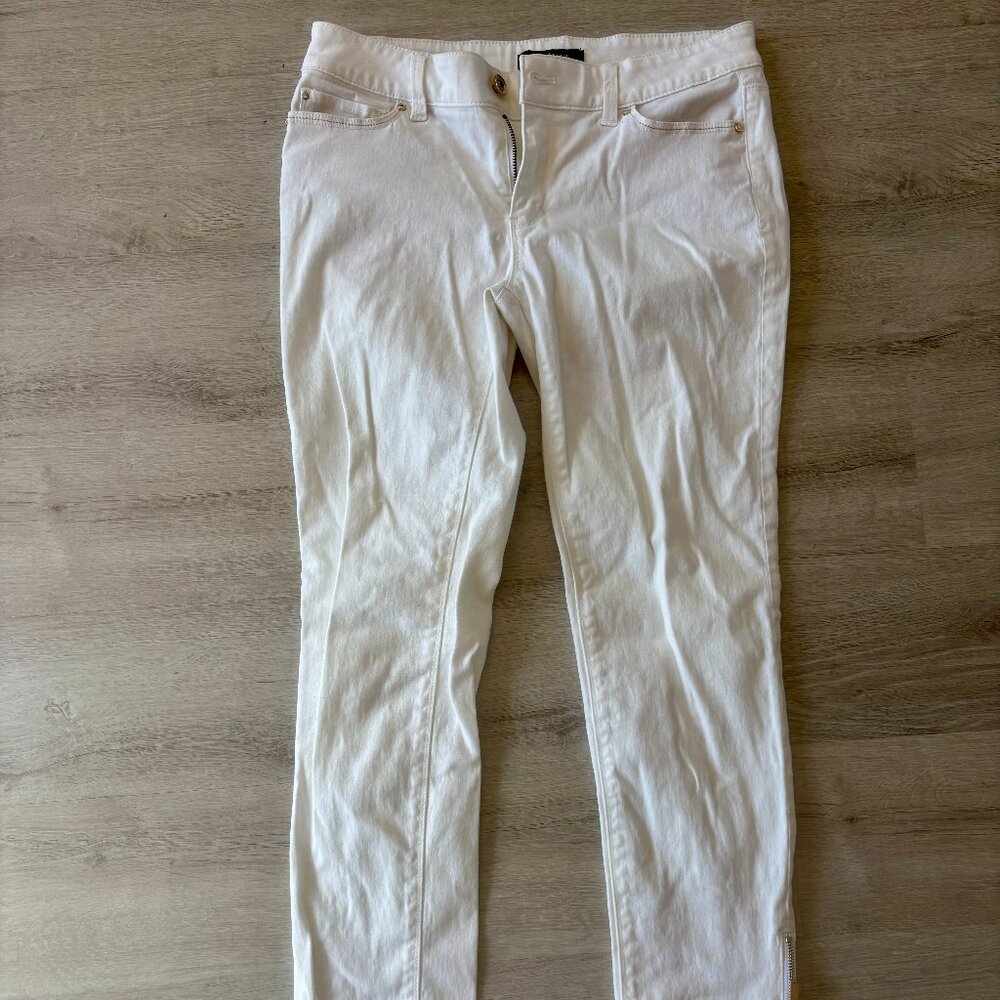White House | Black Market Skinny Cropped White Pants with Gold detailing